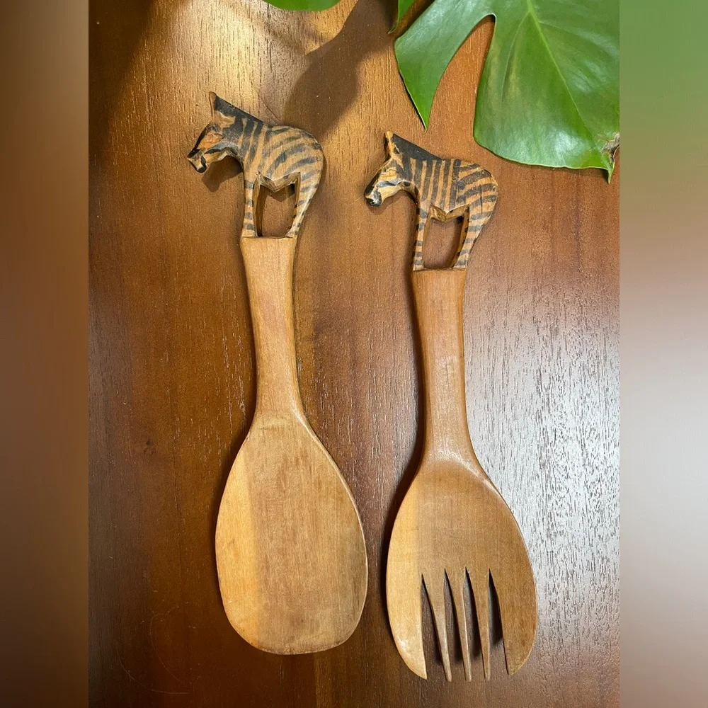 Wooden Salad Spoon and Fork Hand Carved and Painted Zebra Design‎ 11 Inches Long